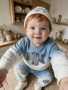 SHEIN 2pcs Toddler Boy Sweatshirt + Pants Cute Blue White Ombre Distressed Applique Long Sleeve Round Neck Regular Outdoor Fall Sweaters Holiday Ribbed Cuff - White - View 3