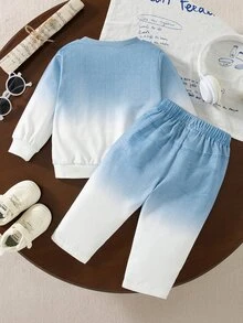 SHEIN 2pcs Toddler Boy Sweatshirt + Pants Cute Blue White Ombre Distressed Applique Long Sleeve Round Neck Regular Outdoor Fall Sweaters Holiday Ribbed Cuff - White - View 5