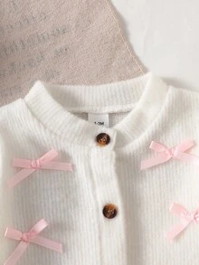 SHEIN 3Pcs Baby Girls Cardigan Sweater Pants Sweet Elegant White Pink Pink Bow Ribbon Ribbed Long Sleeve Round Neck Regular Holiday Fall Christmas Headband - Pink - View 5