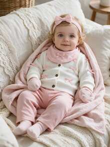 SHEIN 3Pcs Baby Girls Cardigan Sweater Pants Sweet Elegant White Pink Pink Bow Ribbon Ribbed Long Sleeve Round Neck Regular Holiday Fall Christmas Headband - Pink - View 1
