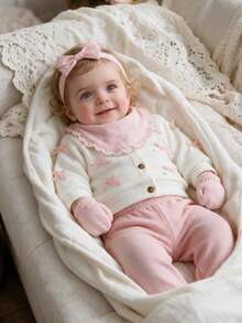 SHEIN 3Pcs Baby Girls Cardigan Sweater Pants Sweet Elegant White Pink Pink Bow Ribbon Ribbed Long Sleeve Round Neck Regular Holiday Fall Christmas Headband - Pink - View 2