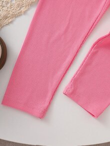 SHEIN Vintaside Kids 2pcs Toddler Girl Sweatshirt + Pants Sweet Pink Cream 3D Bow Ribbed Flower Long Sleeve Round Neck Regular Birthday Party Fall Holiday Active - Pink - View 10