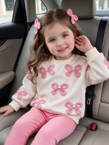 SHEIN Vintaside Kids 2pcs Toddler Girl Sweatshirt + Pants Sweet Pink Cream 3D Bow Ribbed Flower Long Sleeve Round Neck Regular Birthday Party Fall Holiday Active - Pink - View 1