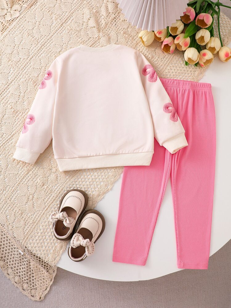 SHEIN Vintaside Kids 2pcs Toddler Girl Sweatshirt + Pants Sweet Pink Cream 3D Bow Ribbed Flower Long Sleeve Round Neck Regular Birthday Party Fall Holiday Active - Pink - View 4