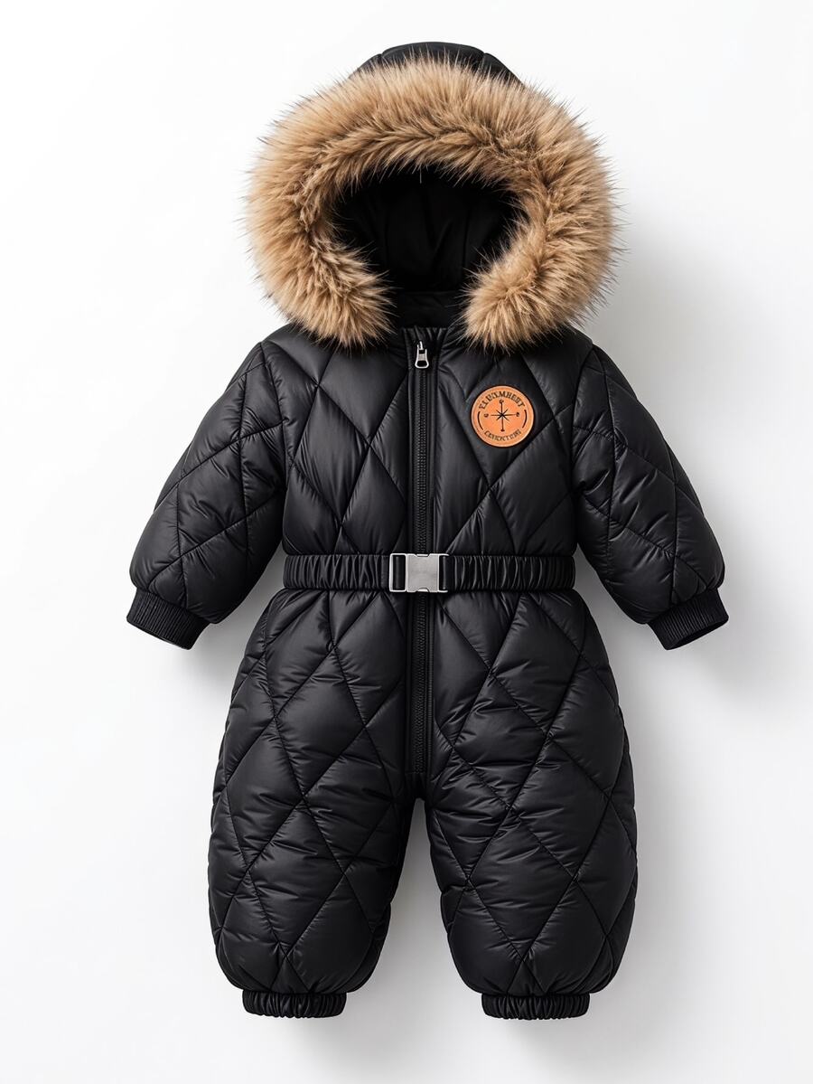 SHEIN Infant Cute Black Patchwork Jumpsuit, Fashionable Casual Cute Playful, Suitable For Outdoor Outings, Suitable For Winter - Black - View 1