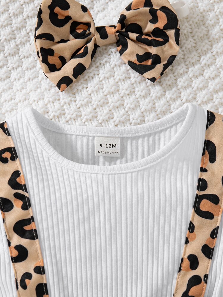 SHEIN 2pcs Baby Girls Dress Elegant White Brown Leopard Print Bow Ruffle Flutter Long Sleeve Round Neck Birthday Party Autumn Fall Princess Ribbed - White - View 8