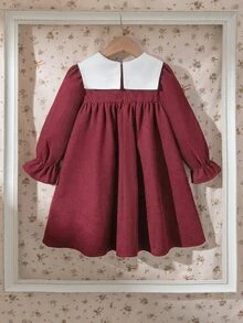 Souflis Souflis 女童法式復古仙女風酒紅花卉刺繡蕾絲飾邊對比領泡泡長袖紅色洋裝，適合秋季、生日、萬聖節、聖誕節 - 酒紅色 - 查看 2