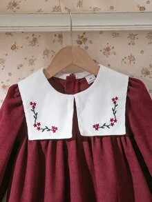 Souflis Souflis 女童法式復古仙女風酒紅花卉刺繡蕾絲飾邊對比領泡泡長袖紅色洋裝，適合秋季、生日、萬聖節、聖誕節 - 酒紅色 - 查看 5