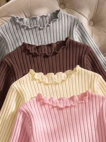 SHEIN 4件組女孩秋冬棉質羅紋素色荷葉邊長袖上衣，可愛T恤內搭層，適合春夏/秋冬，百搭時尚上衣，適用於學校、度假、日常穿著 - 彩色 - 查看 3