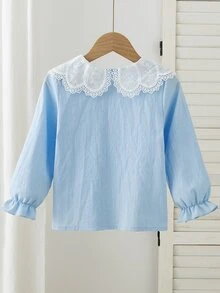 SHEIN 女童春秋長袖上衣，甜美牛仔仙女風嬰兒藍襯衫，蕾絲大彼得潘領，日常穿著／旅行穿著 - 藍色 - 查看 2