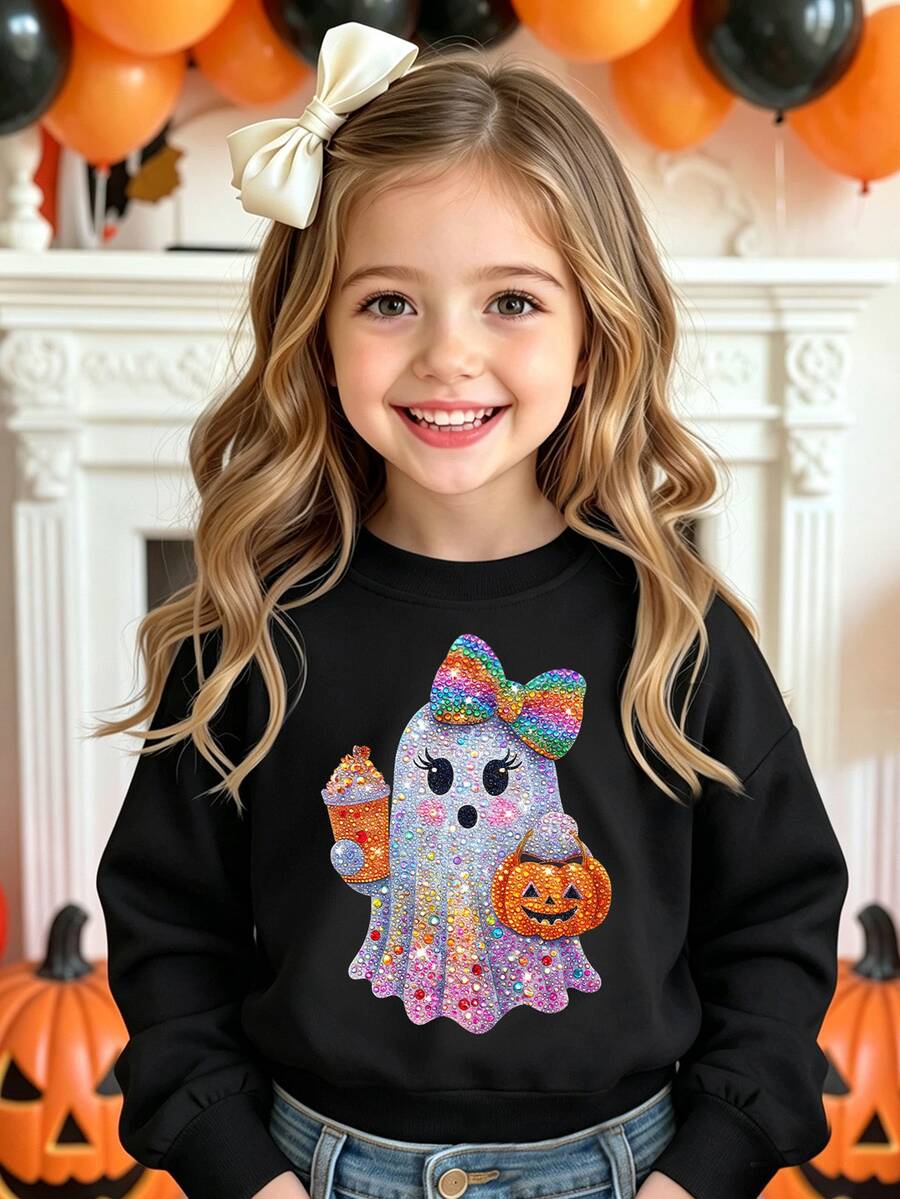 (1 Pc) Autumn/Winter Halloween Cute Rhinestone Ghost Pumpkin Lantern Milk Tea Colorful Bow Pattern Basic Crew Neck Sweatshirt For Girls - Black - View 1