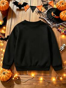 (1 Pc) Autumn/Winter Halloween Cute Rhinestone Ghost Pumpkin Lantern Milk Tea Colorful Bow Pattern Basic Crew Neck Sweatshirt For Girls - Black - View 2