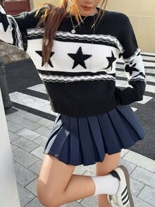 青少年女孩服飾，酷炫五角星圓領長袖寬鬆舒適黑白針織毛衣，派對舞會秋季 Y2K 可愛風 - 藏蓝色 - 查看 4