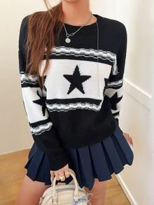 青少年女孩服飾，酷炫五角星圓領長袖寬鬆舒適黑白針織毛衣，派對舞會秋季 Y2K 可愛風 - 藏蓝色 - 查看 3