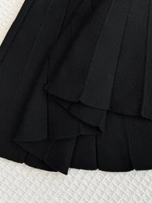 SHEIN Tween女孩針織套裝：蝴蝶結長袖開襟衫搭配黑色百褶裙，校園與校外穿搭，秋季可愛風 - 黑色 - 查看 4
