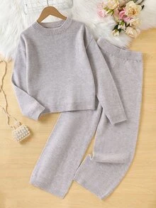 SHEIN Girls' 2 Pieces Sweater Set, Round Neck Long Sleeve Sweater With Color-Block Wide Leg Pants, Gray & Oatmeal, Suitable For Autumn And Winter - Apricot - View 10