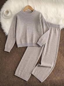 SHEIN Girls' 2 Pieces Sweater Set, Round Neck Long Sleeve Sweater With Color-Block Wide Leg Pants, Gray & Oatmeal, Suitable For Autumn And Winter - Apricot - View 6