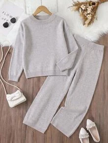 SHEIN Girls' 2 Pieces Sweater Set, Round Neck Long Sleeve Sweater With Color-Block Wide Leg Pants, Gray & Oatmeal, Suitable For Autumn And Winter - Apricot - View 8