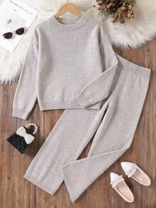 SHEIN Girls' 2 Pieces Sweater Set, Round Neck Long Sleeve Sweater With Color-Block Wide Leg Pants, Gray & Oatmeal, Suitable For Autumn And Winter - Apricot - View 1