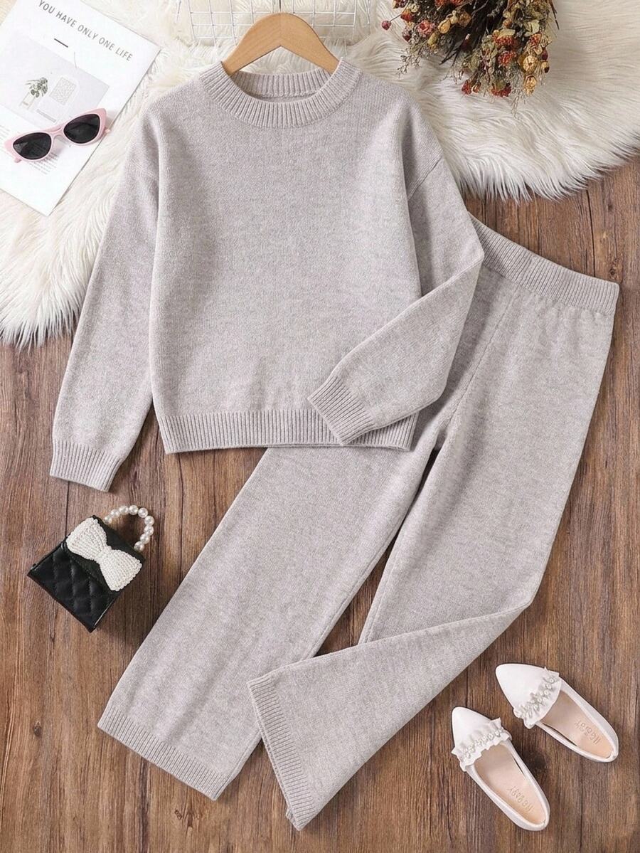 SHEIN Girls' 2 Pieces Sweater Set, Round Neck Long Sleeve Sweater With Color-Block Wide Leg Pants, Gray & Oatmeal, Suitable For Autumn And Winter - Apricot - View 1