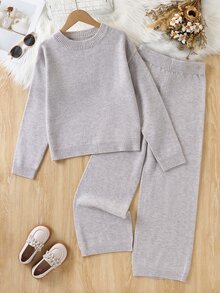SHEIN Girls' 2 Pieces Sweater Set, Round Neck Long Sleeve Sweater With Color-Block Wide Leg Pants, Gray & Oatmeal, Suitable For Autumn And Winter - Apricot - View 9