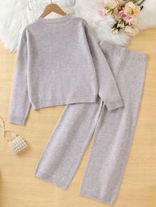 SHEIN Girls' 2 Pieces Sweater Set, Round Neck Long Sleeve Sweater With Color-Block Wide Leg Pants, Gray & Oatmeal, Suitable For Autumn And Winter - Apricot - View 2
