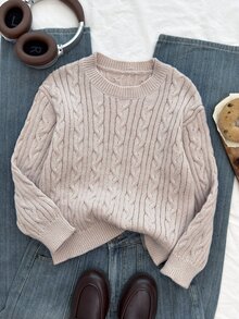 SHEIN Tween Girls Sweaters Solid Color Round Neck Knit Comfortable Soft Design Blush Pink All-Match Versatile Sweet Basic Loose Casual Minimalist Autumn - Apricot - View 6
