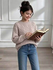 SHEIN Tween Girls Sweaters Solid Color Round Neck Knit Comfortable Soft Design Blush Pink All-Match Versatile Sweet Basic Loose Casual Minimalist Autumn - Apricot - View 7