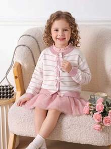 SHEIN Young Girl Striped Pattern Drop Shoulder Bow Front Cardigan - Pink - View 1