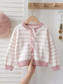 SHEIN Young Girl Striped Pattern Drop Shoulder Bow Front Cardigan - Pink - View 3