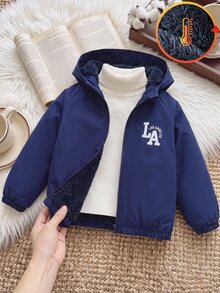 SHEIN Playful Pals 男童一件式加厚抓絨內裡海軍藍字母印花時尚街頭復古休閒極簡連帽長袖拉鍊夾克，適合4-7歲男孩冬季日常穿著，適用運動、外出及開學季等多種場合 - 藏蓝色 - 查看 2