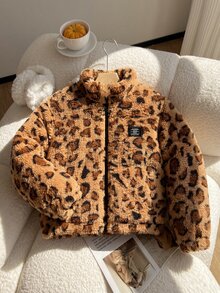 SHEIN Playful Pals 女童 4-8 歲秋季復古棕色豹紋珊瑚絨拉鍊加厚外套，休閒優雅外套，適合外出、購物、旅行，時尚秋季穿搭 - 彩色 - 查看 2