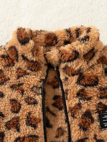 SHEIN Playful Pals 女童 4-8 歲秋季復古棕色豹紋珊瑚絨拉鍊加厚外套，休閒優雅外套，適合外出、購物、旅行，時尚秋季穿搭 - 彩色 - 查看 9