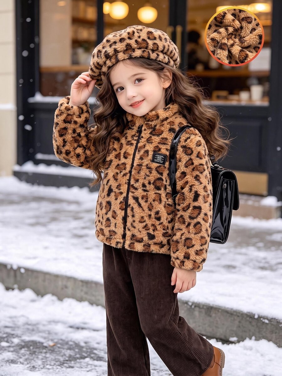 SHEIN Playful Pals 女童 4-8 歲秋季復古棕色豹紋珊瑚絨拉鍊加厚外套,休閒優雅外套,適合外出、購物、旅行,時尚秋季穿搭 - 彩色 - 查看 1