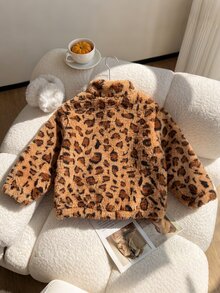 SHEIN Playful Pals 女童 4-8 歲秋季復古棕色豹紋珊瑚絨拉鍊加厚外套，休閒優雅外套，適合外出、購物、旅行，時尚秋季穿搭 - 彩色 - 查看 4