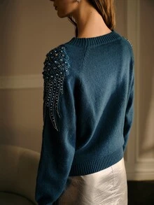MOTF PREMIUM WOMEN'S AUTUMN/WINTER BEADED DECOR RAGLAN SLEEVE LOOSE SWEATER - Blue - View 3