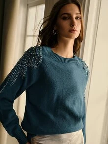 MOTF PREMIUM WOMEN'S AUTUMN/WINTER BEADED DECOR RAGLAN SLEEVE LOOSE SWEATER - Blue - View 6