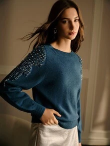 MOTF PREMIUM WOMEN'S AUTUMN/WINTER BEADED DECOR RAGLAN SLEEVE LOOSE SWEATER - Blue - View 2