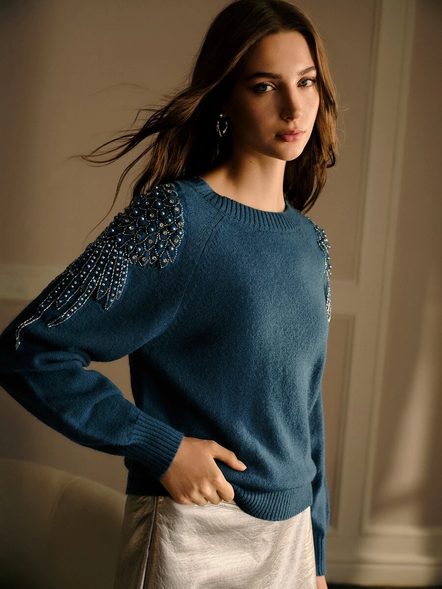 MOTF PREMIUM WOMEN'S AUTUMN/WINTER BEADED DECOR RAGLAN SLEEVE LOOSE SWEATER - Blue - View 2