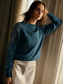 MOTF PREMIUM WOMEN'S AUTUMN/WINTER BEADED DECOR RAGLAN SLEEVE LOOSE SWEATER - Blue - View 5