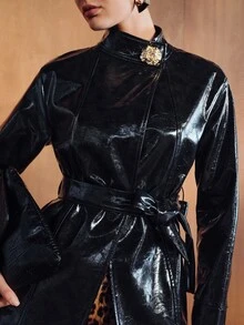 MOTF PREMIUM WOMEN'S SLIMMING WAIST TIE BELT STAND COLLAR ASYMMETRIC SHOULDER DESIGN SIMPLE ELEGANT DECORATIVE JACKET - Black - View 1