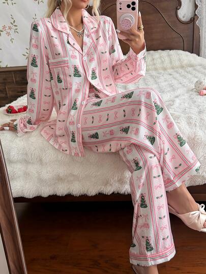 CottageSlumber Christmas Tree Striped Print Long Sleeve Pajama Set, Classic Lapel Comfortable Loungewear 2 Pieces Set