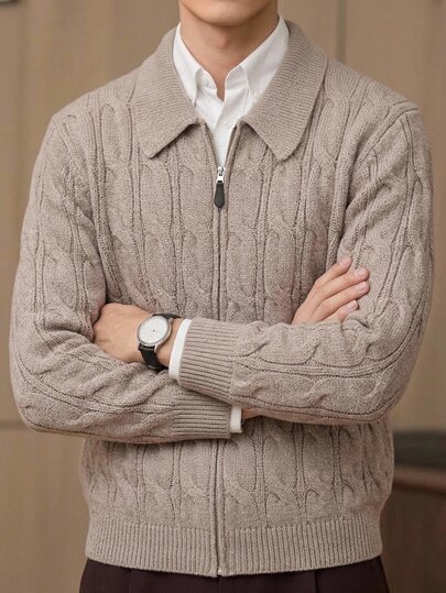 Claim Dot Men's Fashion Minimalist Ribbed Zip-Up Long Sleeve Sweater, Comfortable For Daily Outings And Activities