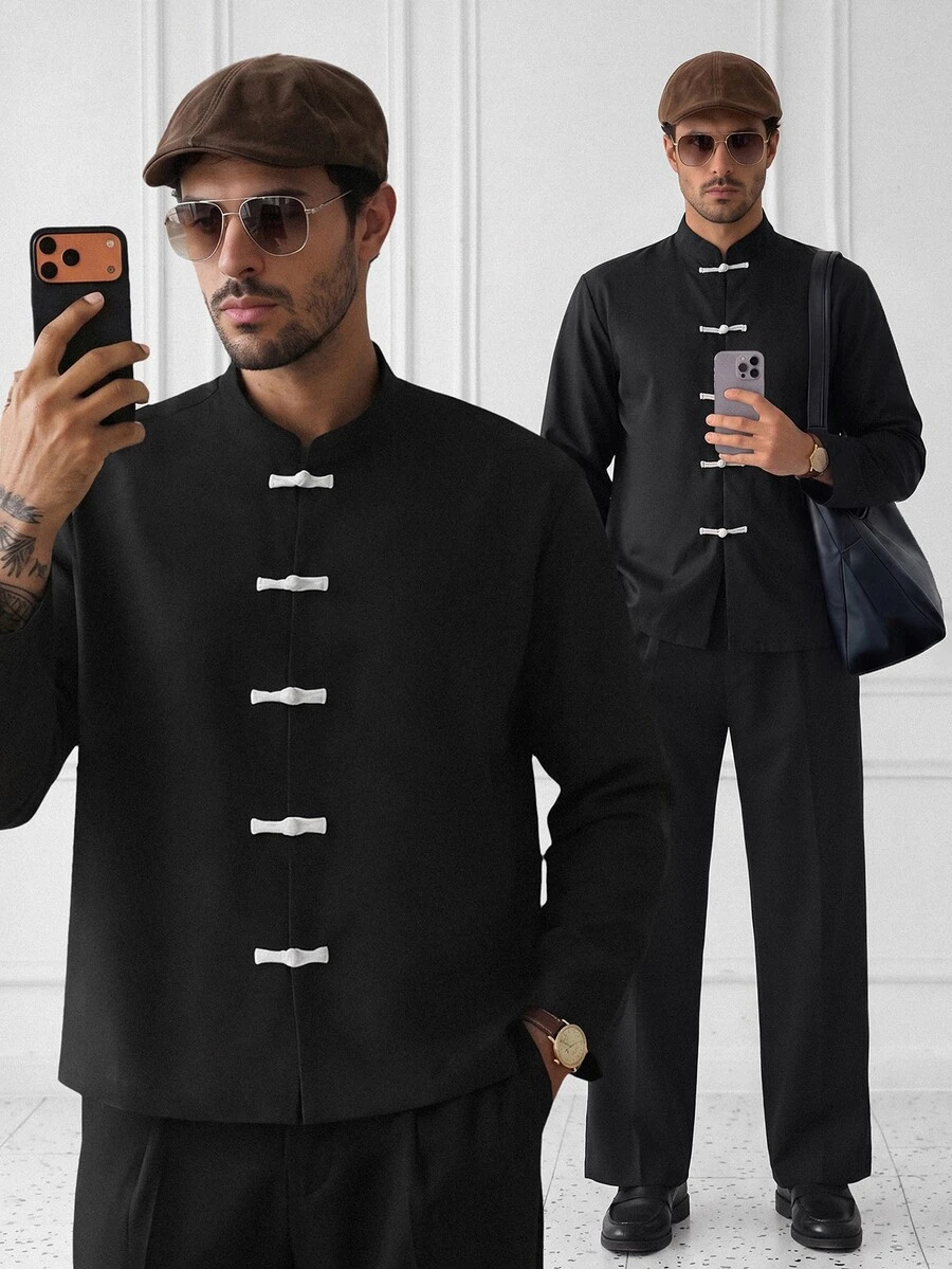 HUEFORM Men's Frog Button Placket Long Sleeve Casual Shirt - Black - View 1