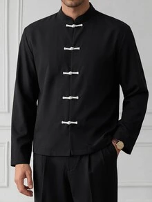 HUEFORM Men's Frog Button Placket Long Sleeve Casual Shirt - Black - View 4