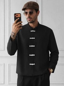 HUEFORM Men's Frog Button Placket Long Sleeve Casual Shirt - Black - View 5