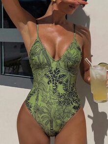 SHEIN Swim 女士时尚性感露背印花连体泳衣，祖母绿植物印花，细肩带，丁字裤比基尼下装，春夏海滩度假连体泳衣，Zestiva泳衣，塑形泳衣，瑜伽连体衣，拉链连体衣，热带印花泳衣，女士连体泳装，女士连体泳衣，女士连体泳衣 - 綠色 - 查看 9
