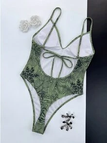SHEIN Swim 女士时尚性感露背印花连体泳衣，祖母绿植物印花，细肩带，丁字裤比基尼下装，春夏海滩度假连体泳衣，Zestiva泳衣，塑形泳衣，瑜伽连体衣，拉链连体衣，热带印花泳衣，女士连体泳装，女士连体泳衣，女士连体泳衣 - 綠色 - 查看 3