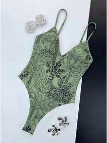 SHEIN Swim 女士时尚性感露背印花连体泳衣，祖母绿植物印花，细肩带，丁字裤比基尼下装，春夏海滩度假连体泳衣，Zestiva泳衣，塑形泳衣，瑜伽连体衣，拉链连体衣，热带印花泳衣，女士连体泳装，女士连体泳衣，女士连体泳衣 - 綠色 - 查看 4