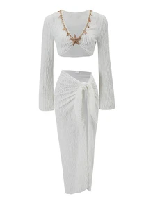 Bonvoyette Women's Starfish Decor Cropped Top Skirt Set Vacation Beach White Summer Tropical Sexy - White - View 3